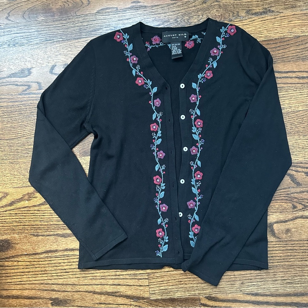 August Silk Black Cardigan with Floral Embroidery